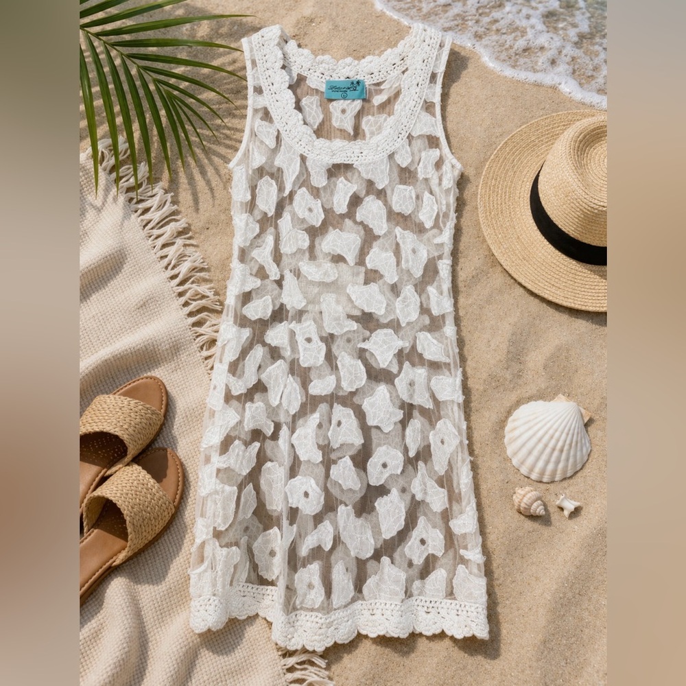 Letarte Handmade Lace Cover Up Dress White Sheer Crochet Trim Boho Beach‎ Size L